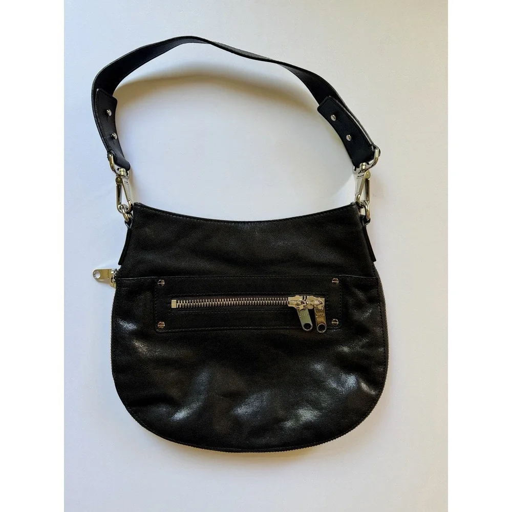 MILLY Black Leather Hobo Bag Expandable Bottom Silver Zip Shoulder Bag NWOT